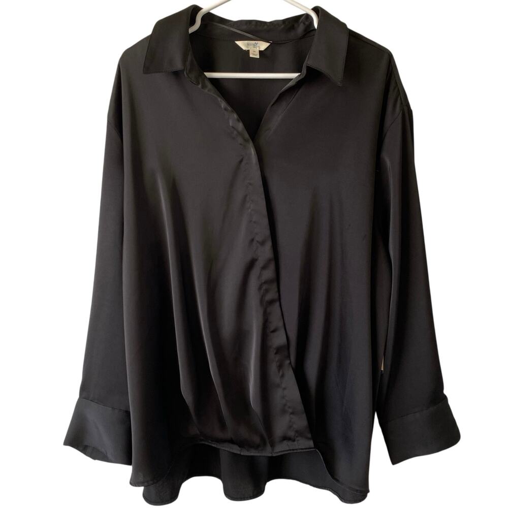 NEW TERRY & SKY Wrap Front Long Sleeve Blouse Size 3X Black Business Casual Chic